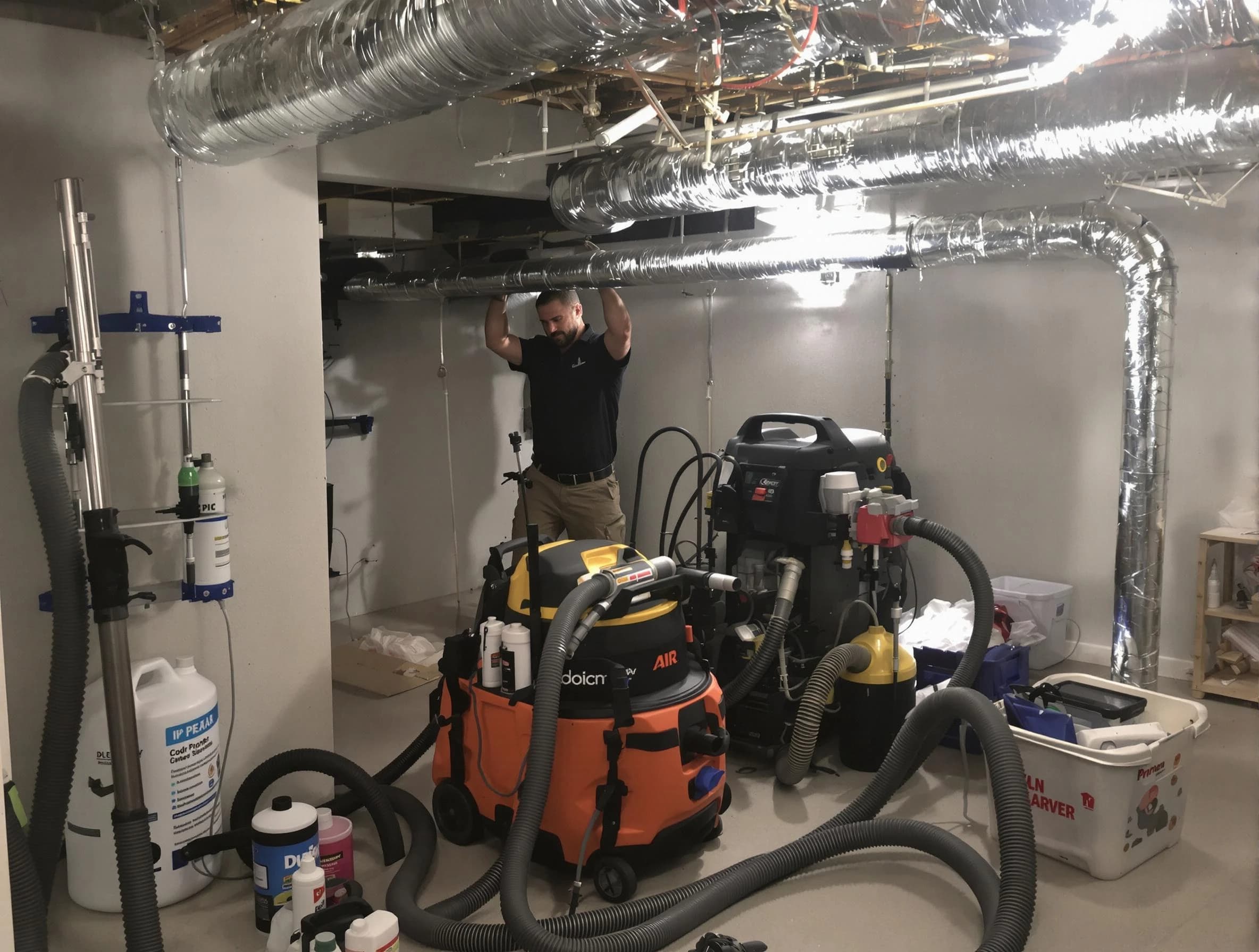 Golden Air Duct Cleaning specialist performing professional mold removal from air ducts using safety equipment in Golden